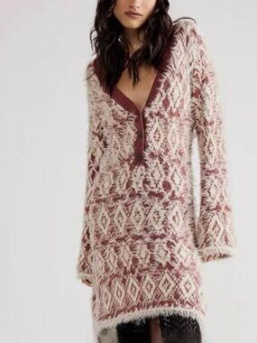 NEW Free People Fuzzy Feelings Sweater Dress - Marsala Combo Medium